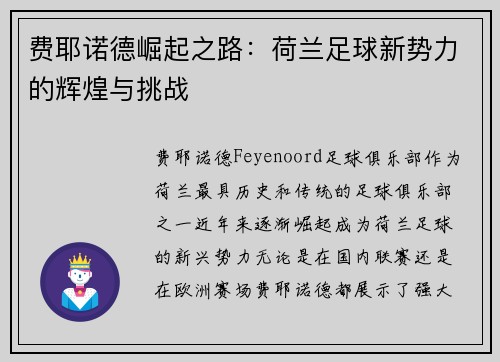 费耶诺德崛起之路：荷兰足球新势力的辉煌与挑战
