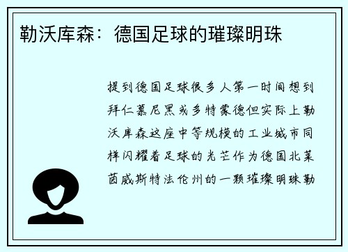 勒沃库森：德国足球的璀璨明珠