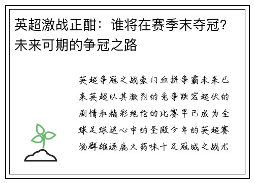 英超激战正酣：谁将在赛季末夺冠？未来可期的争冠之路