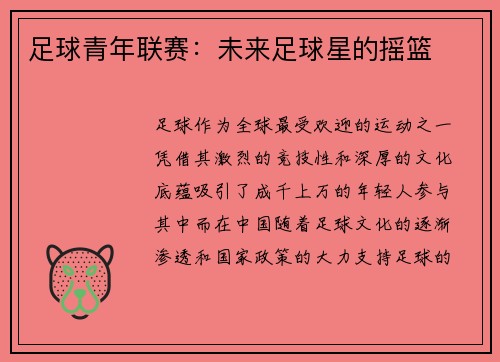 足球青年联赛:未来足球星的摇篮 足球青年联赛:未来足球星的摇篮